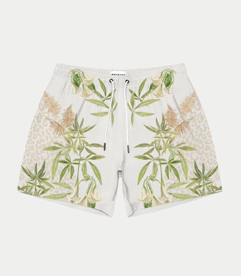 Mavrans Swim Trunk Shorts Pale Greenish Greenery Plants UPF 50 Stretch Sz XL